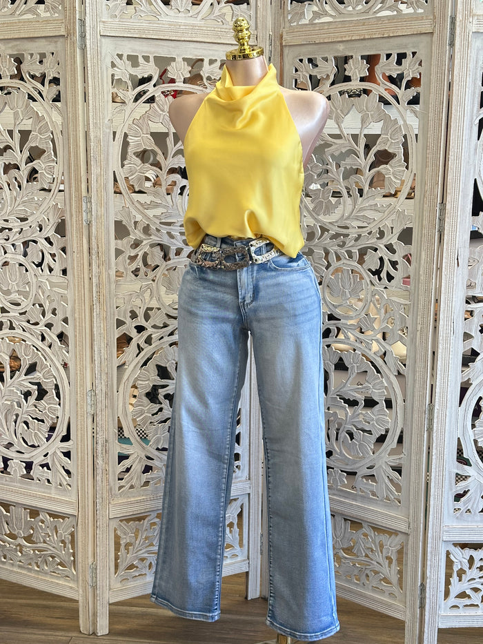 Yellow Satin Backless Blouse
